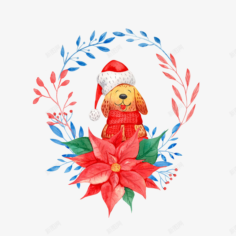 新春喜庆狗狗花环装饰png免抠素材_88icon https://88icon.com 动物 喜庆 帽子 新春 狗狗 红色 红花 绿叶 花环 装饰