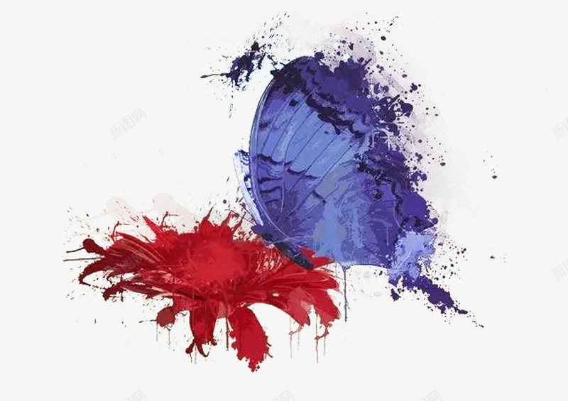 红花蓝蝶png免抠素材_88icon https://88icon.com PNG免费下载 喷画肌理 水墨 颜料喷画制作