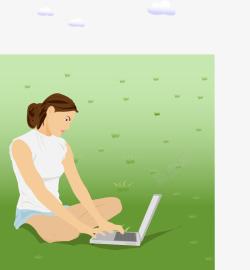 坐在草地上用电脑的女孩素材