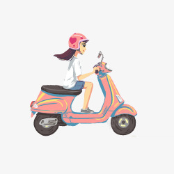 粉色电动车手绘可爱插画骑摩托车的女孩高清图片