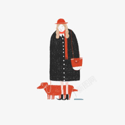 大衣卡通遛狗的女人高清图片
