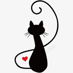 黑色手绘猫咪和爱心素材