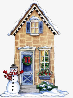 手绘圣诞熊冬天房子高清图片