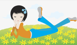 人物插图趴在草坪上的女孩素材