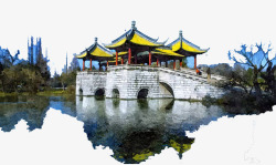 古代桥梁五亭桥水彩画高清图片