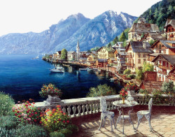 欧洲小镇油画风景油画高清图片