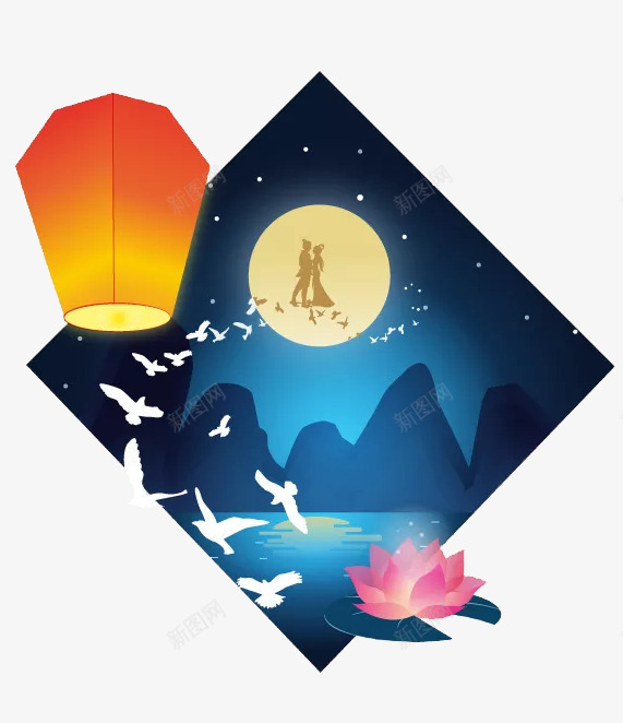 夜晚月亮png免抠素材_88icon https://88icon.com 夜晚 大山 月亮 灯笼 牛郎 织女 蓝色 黄色