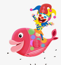 卡通手绘骑在红色鱼上的小丑素材