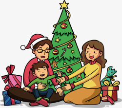 手绘开心的一家人过圣诞矢量图素材