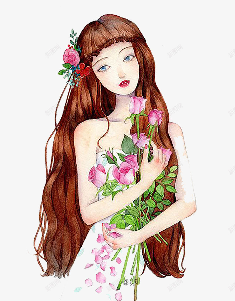 抱着玫瑰花的长发美女png免抠素材_88icon https://88icon.com 人物 手绘图 漂亮的 玫瑰花 花卉 花朵 长发美女