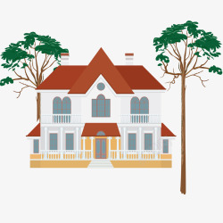精致的手绘小别墅和树木矢量图素材