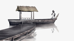 黑灰色背景中国风古船画高清图片