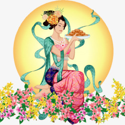 荒草上的美女中秋节中秋节月亮上的鲜花美女高清图片