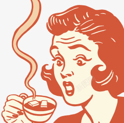 复古插图喝热咖啡的女孩素材