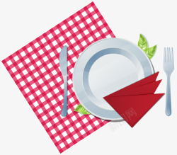 红格纹桌布西餐餐具矢量图素材