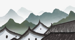 水墨中国画乡村城镇装饰插图素材