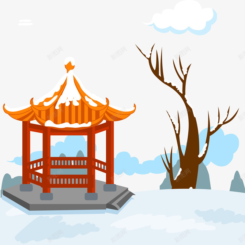 公园凉亭的冬日风景矢量图eps免抠素材_88icon https://88icon.com 冬天 凉亭 雪 雪屋顶 雪景 矢量图