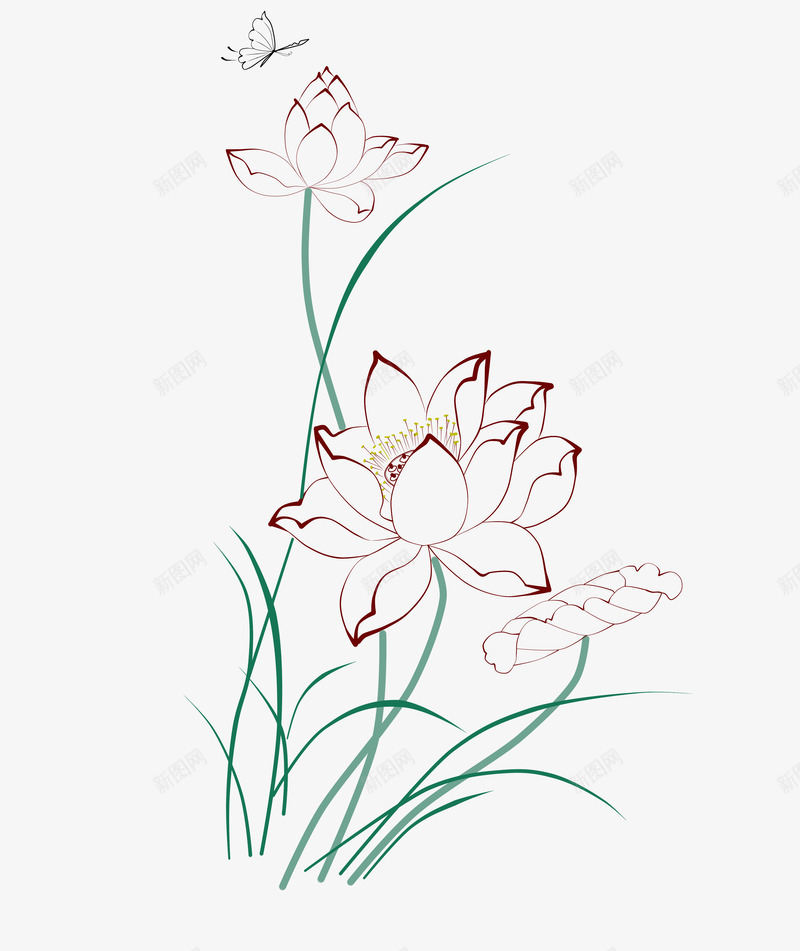 线描荷花png免抠素材_88icon https://88icon.com 中国风 线描荷花 荷花