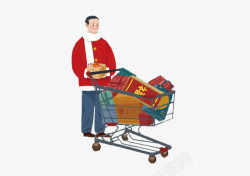 新年购物车手绘买年货的人插画元素高清图片