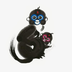 水墨画两只开心的猴子插画素材