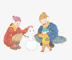 手绘水彩人物插图一家人堆雪人插素材