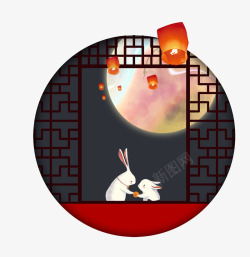中秋节橱窗外赏月的玉兔素材