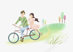 骑单车的情侣情侣骑单车踏青插画高清图片