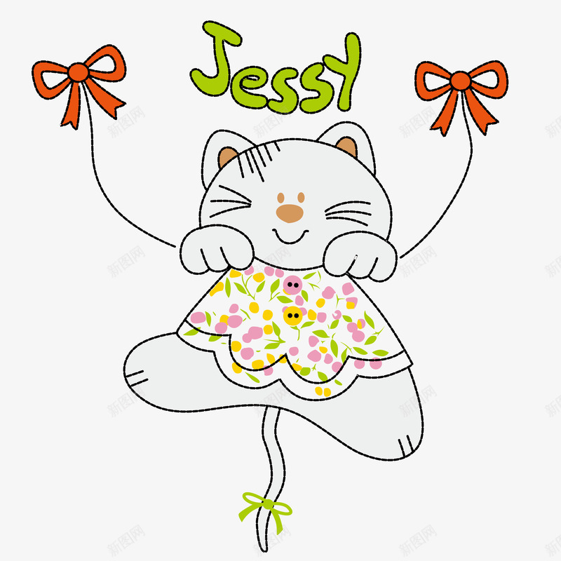 卡通白色小猫png免抠素材_88icon https://88icon.com jessy 动物 卡通 小猫 白色 碎花裙子 红色 绿色字母 蝴蝶结