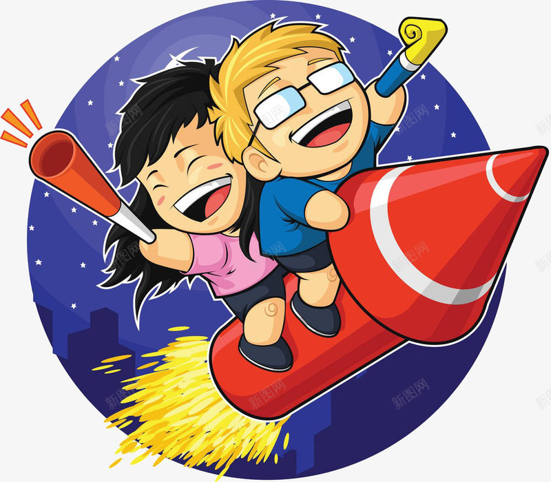 卡通火箭上的人png免抠素材_88icon https://88icon.com 卡通 女孩 火箭上的人 男孩