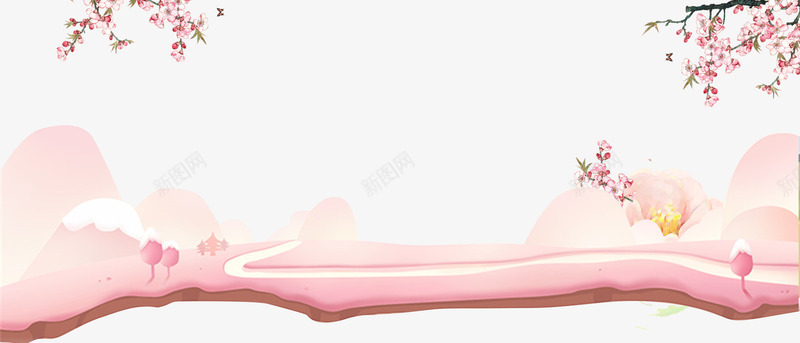 粉色清新唯美桃花背景psd免抠素材_88icon https://88icon.com 创意设计 唯美 山脉 桃花 河流 清新 粉色