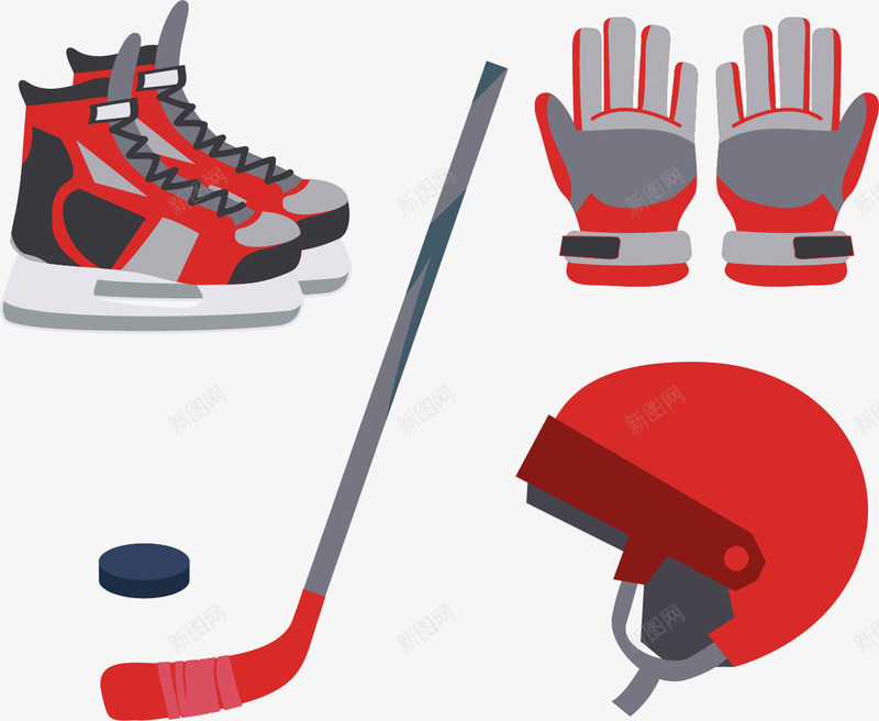 红色冰球装备矢量图eps免抠素材_88icon https://88icon.com 保暖装备 冬天运动 冰球 矢量素材 红色 矢量图