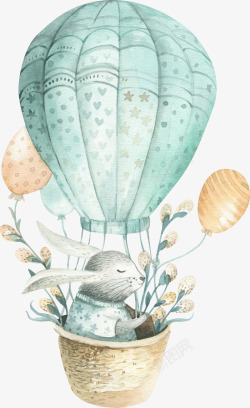 水彩热气球手绘可爱的兔子图高清图片