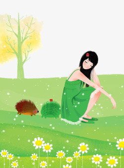 绿裙子清新装饰插画坐在草地上的女孩高清图片