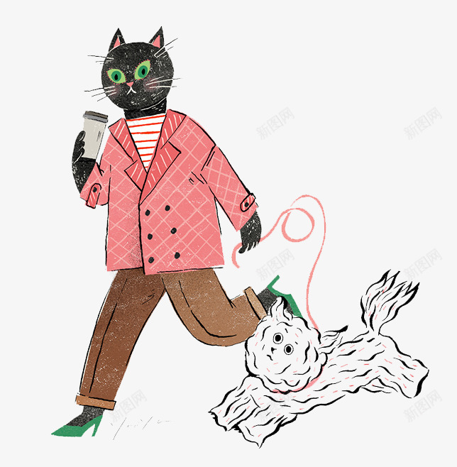 创意插画牵着狗的猫png免抠素材_88icon https://88icon.com 创意插画牵着狗的猫 动物插图 喝咖啡的猫 插画设计