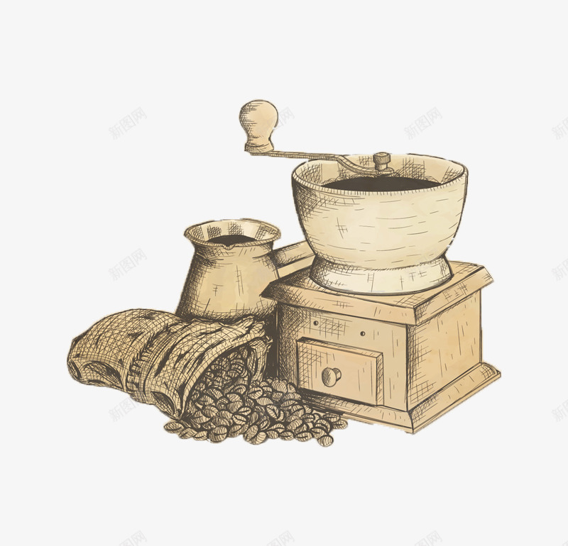 咖啡磨具手绘图png免抠素材_88icon https://88icon.com 咖啡 咖啡豆 手绘图 猫屎咖啡 磨具 米色系 麻袋