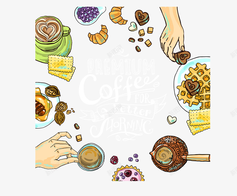 美味晨间咖啡插画矢量图ai免抠素材_88icon https://88icon.com coffee 咖啡 巧克力 手绘 手臂 插画 早餐 核桃 牛角面包 碟子 蓝莓 矢量图