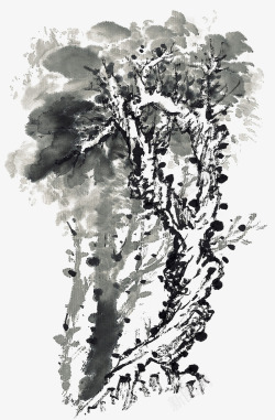 手绘中国风古树水墨画素材