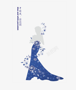 平面中国风蓝色青花瓷裙装美女矢量图素材