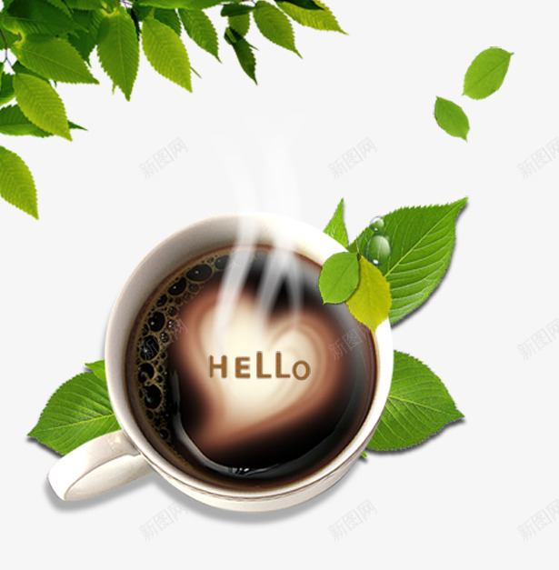 咖啡png免抠素材_88icon https://88icon.com HELLO 咖啡 杯子 树叶 绿叶