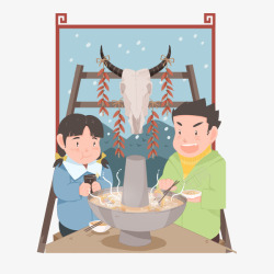 卡通手绘冬季吃火锅的人素材