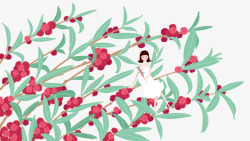红色杨梅卡通手绘杨梅树上的女孩高清图片