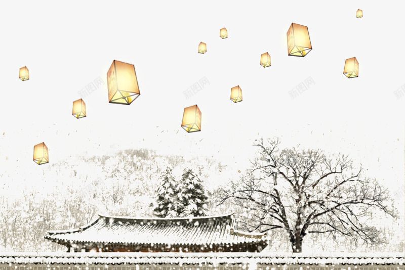 飘扬在雪天里古建筑的孔明灯png免抠素材_88icon https://88icon.com 下雪天 中国风 中国风书封面 冬天装饰 古建筑 孔明灯 平面 平面海报