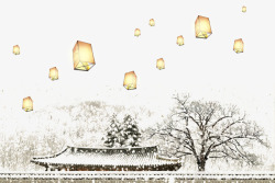 飘扬在雪天里古建筑的孔明灯素材