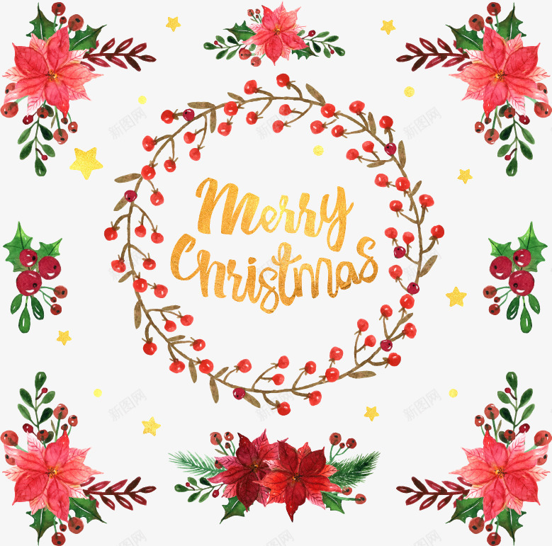 水彩手绘红花卡片封面矢量图ai免抠素材_88icon https://88icon.com 免扣png素材 免费png素材 圣诞节快乐 圣诞节框子 圣诞节花环 手绘 水彩 矢量图 节日卡片 花朵边框 金色艺术字