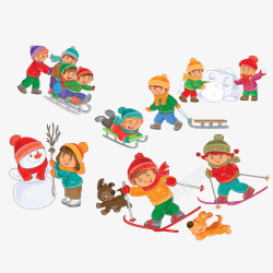 滑雪堆雪人的孩子们素材