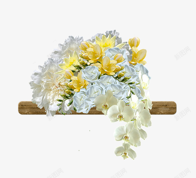 木板上的鲜花png免抠素材_88icon https://88icon.com 植物 白色花 花艺 鲜花 黄色花