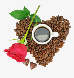 摆成心形的咖啡豆和咖啡及玫瑰花素材