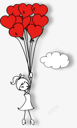 卡通红色爱心气球手绘云朵素材