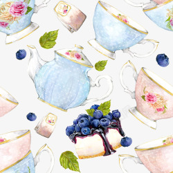 英式精美下午茶蓝莓蛋糕手绘素材