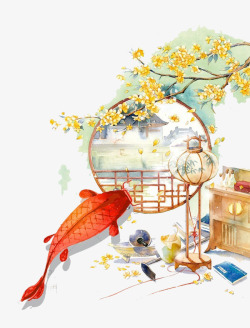 红色的金鱼中国风金色桂花装饰画高清图片